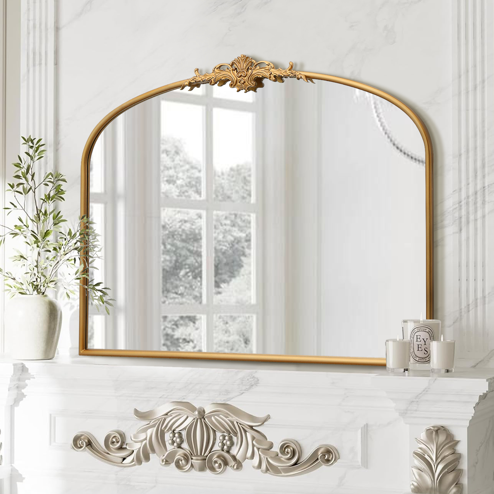 Elegant Antique Arch Bathroom Victorian Mirror Collection in gold finish brightening up a entryway with its reflective surface
